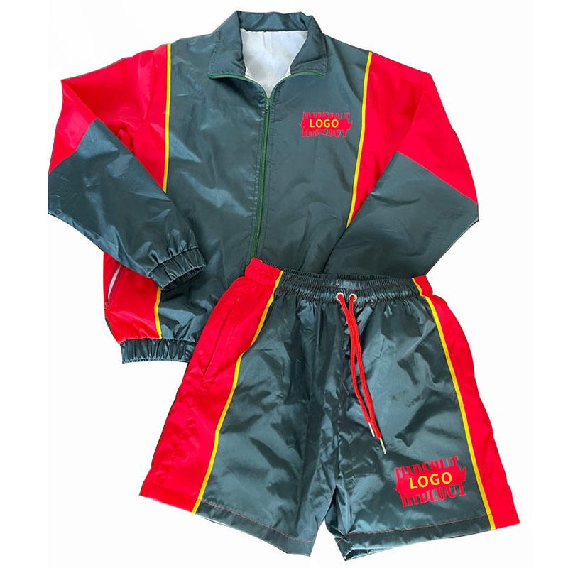Custom Manufacturer two piece windbreaker short jacket set patchwork zip up nylon streetwear tracksuit men windbreaker short set