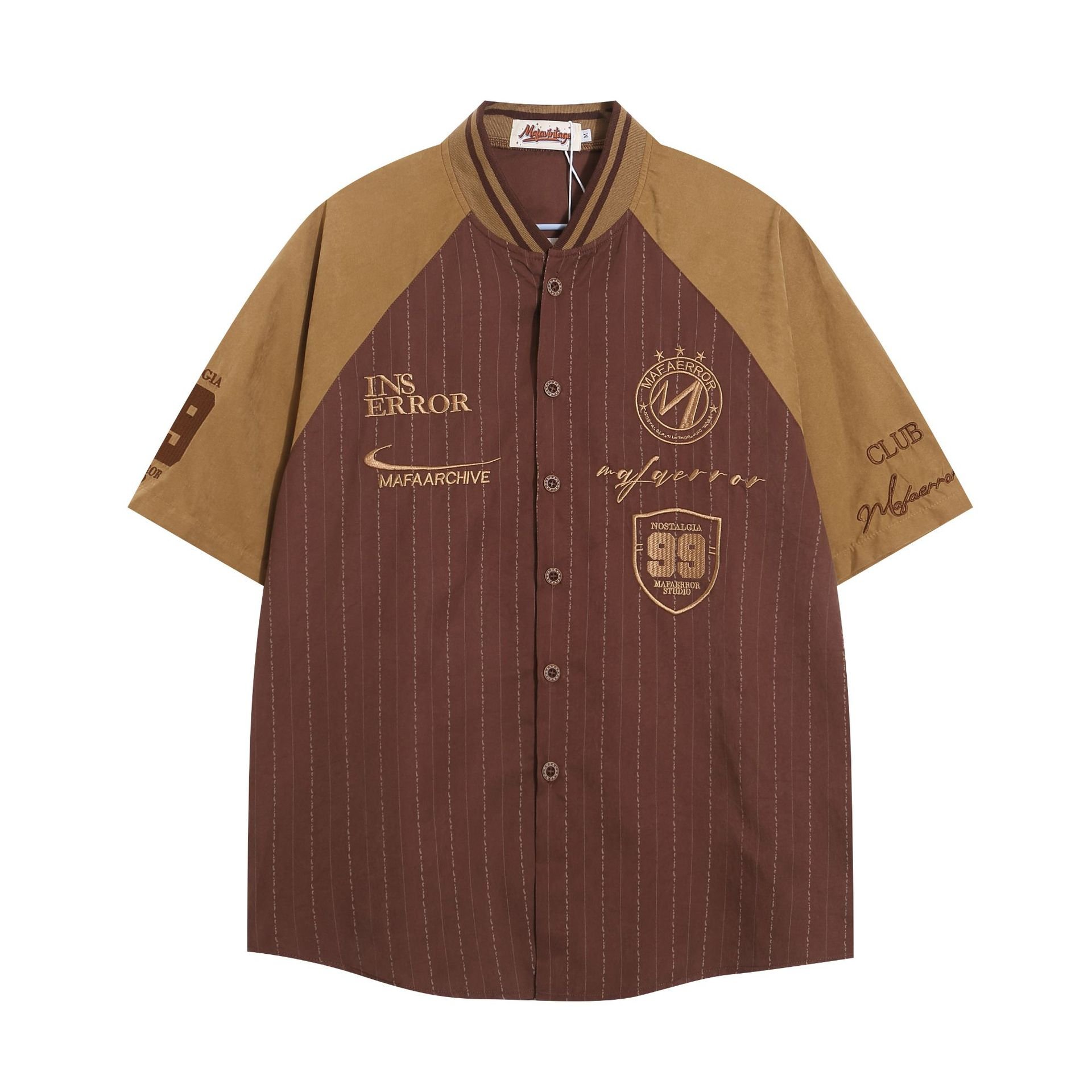 2024Street color embroidered striped short-sleeved shirt Loose men's jacket V-neck shirt baseball shirt Varsity Jacket