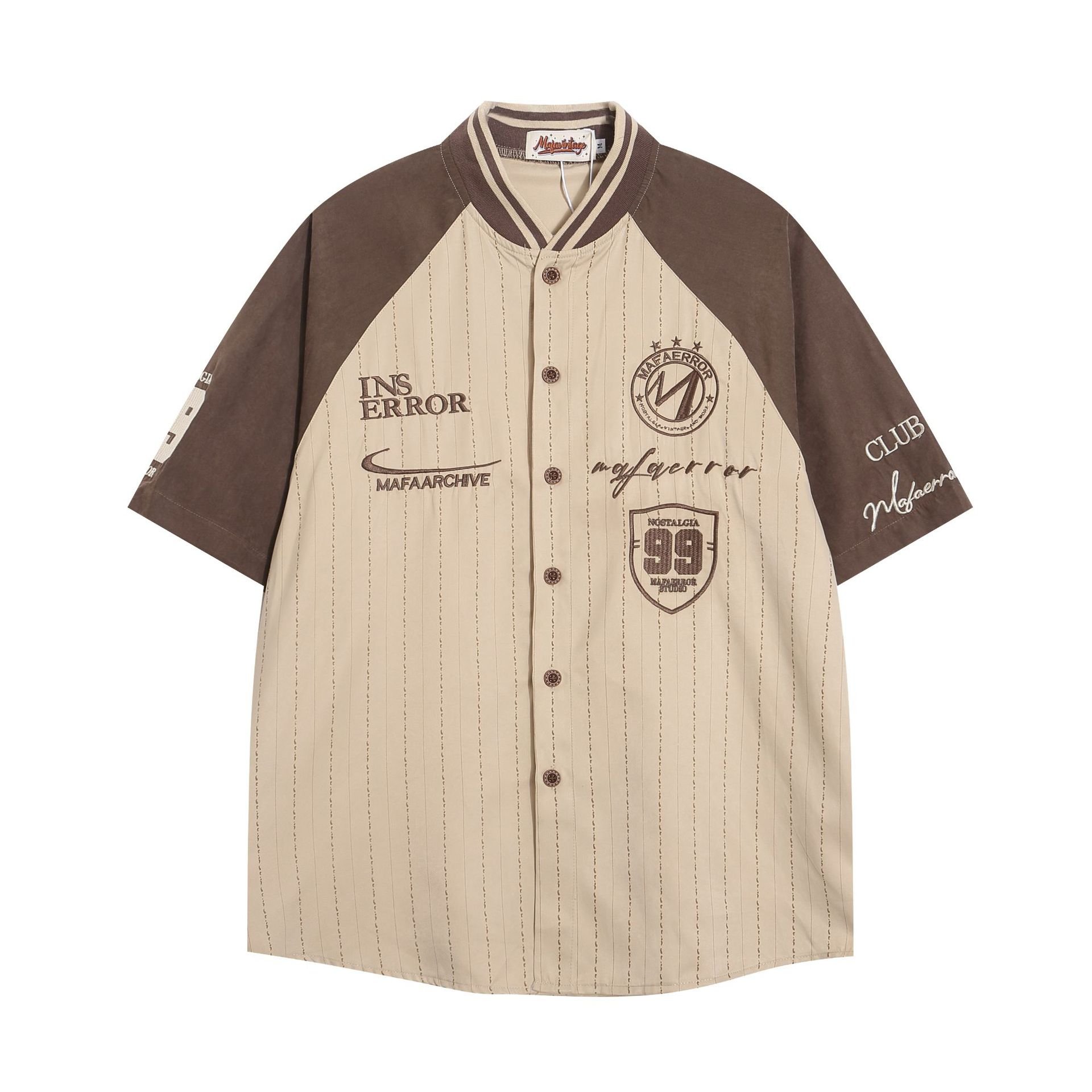 2024Street color embroidered striped short-sleeved shirt Loose men's jacket V-neck shirt baseball shirt Varsity Jacket