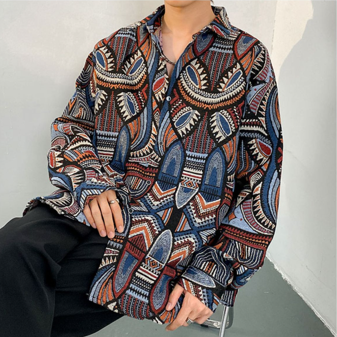 Wholesale Spring Fall Retro Vintage Style Button Down Men's Loose Jacquard Shirt Outerwear Jackets