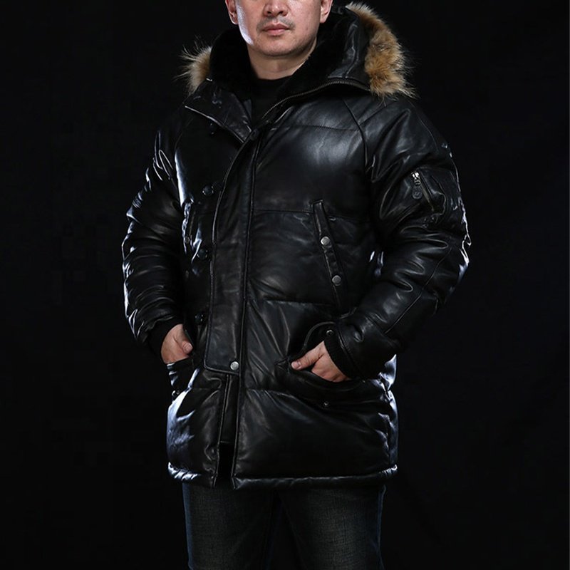 Factory Customded Winter High-quality Europe America Hooded sheep Leather Down Jackets Men's Real Fur Collar Oversized Coat