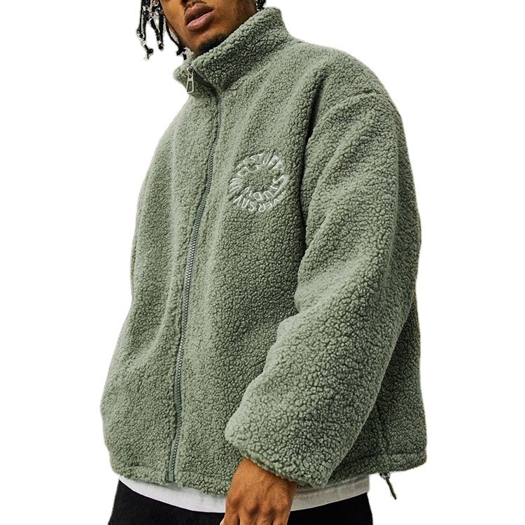 Factory Custom Stand Collar Men's Fleece Jacket Embroidery Zip Up Sherpa Fleece Jacket