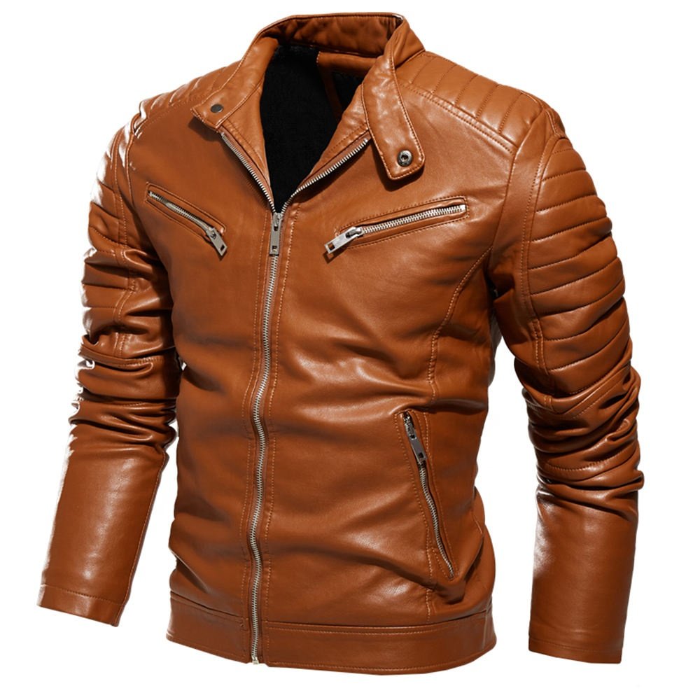 Warm Keeping Pu Leather Jacket Men Zip Front Leather Men's Jackets Coats Windproof Down And Thickened Leather Jacket