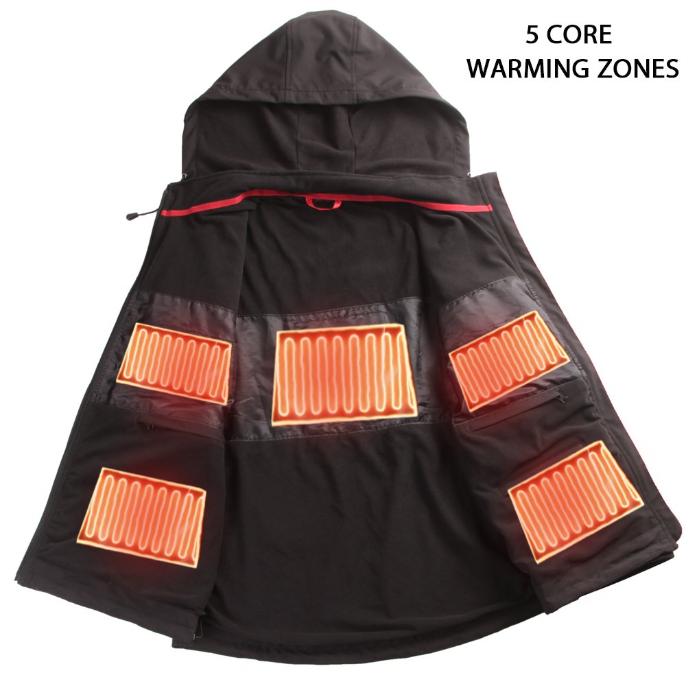 Winter Men's Quilted Jacket with 3 Heating Systems USB Charger Waterproof Leather and Polyester Features Hood Fur Button