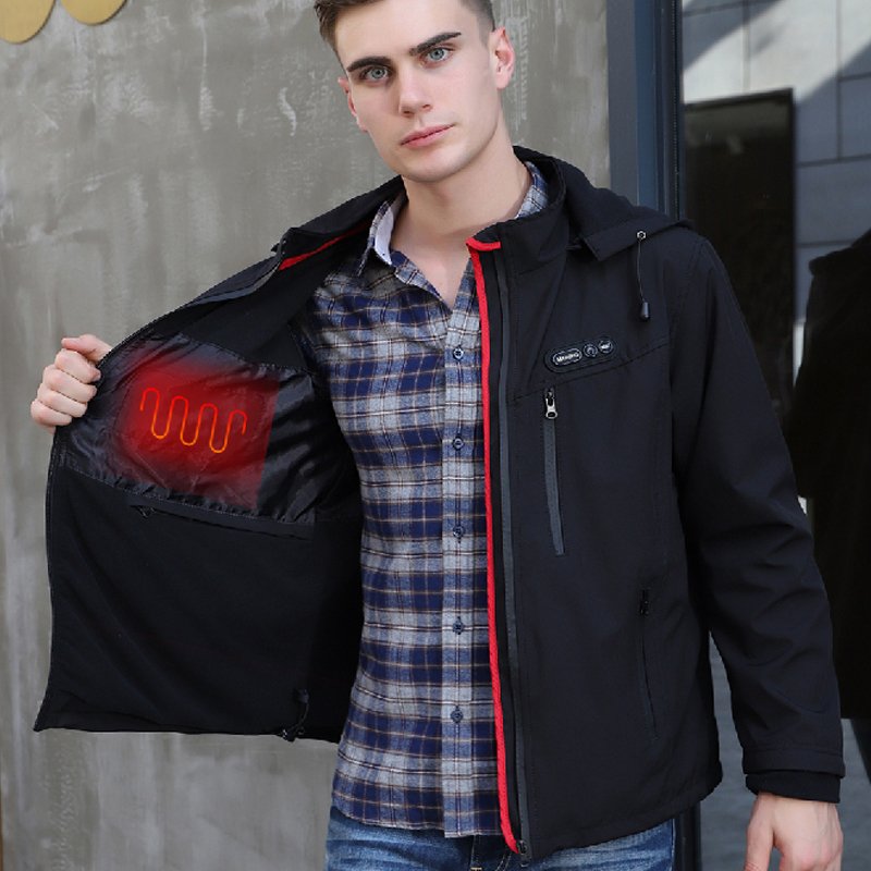 Winter Men's Quilted Jacket with 3 Heating Systems USB Charger Waterproof Leather and Polyester Features Hood Fur Button