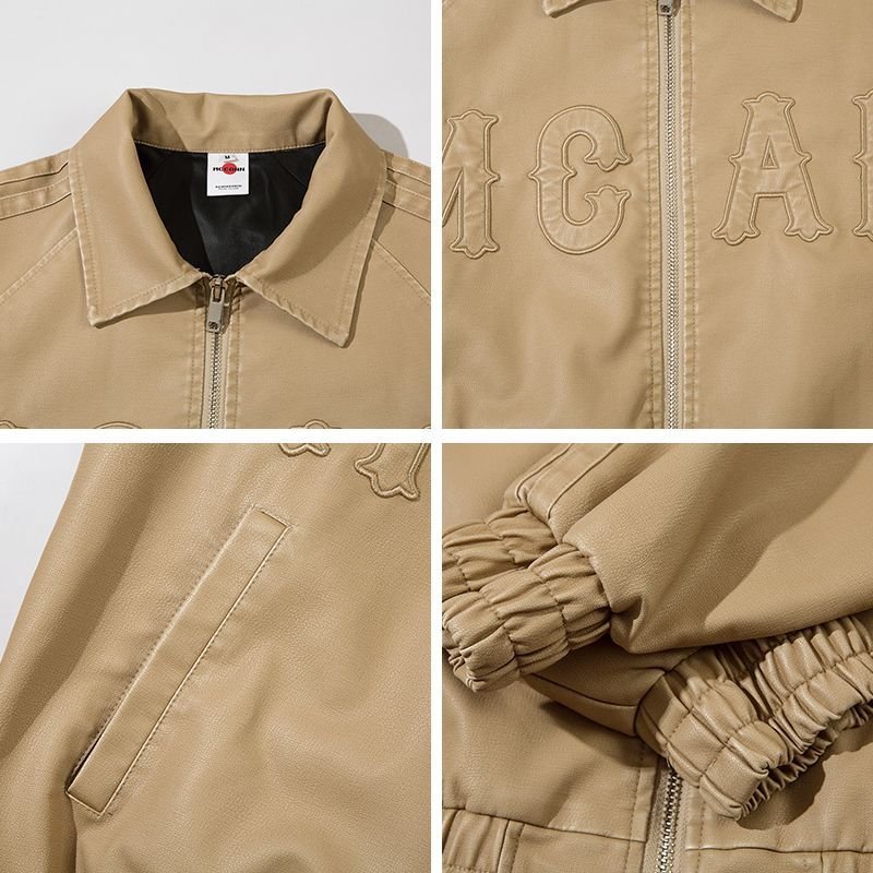 Men's Premium Turtleneck PU Leather Jacket Vintage Style with Loose Embroidered Logo for Leather Motorcycle Riding