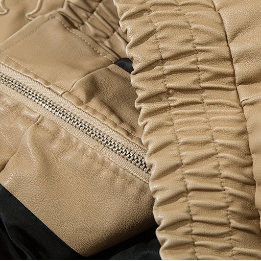 Men's Premium Turtleneck PU Leather Jacket Vintage Style with Loose Embroidered Logo for Leather Motorcycle Riding