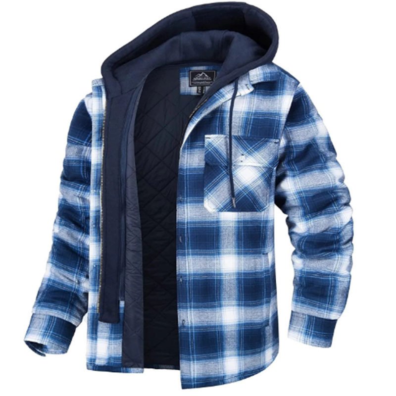 Winter new men's plaid thick down hooded jacket, casual loose plaid windbreaker jacket, winter clothing