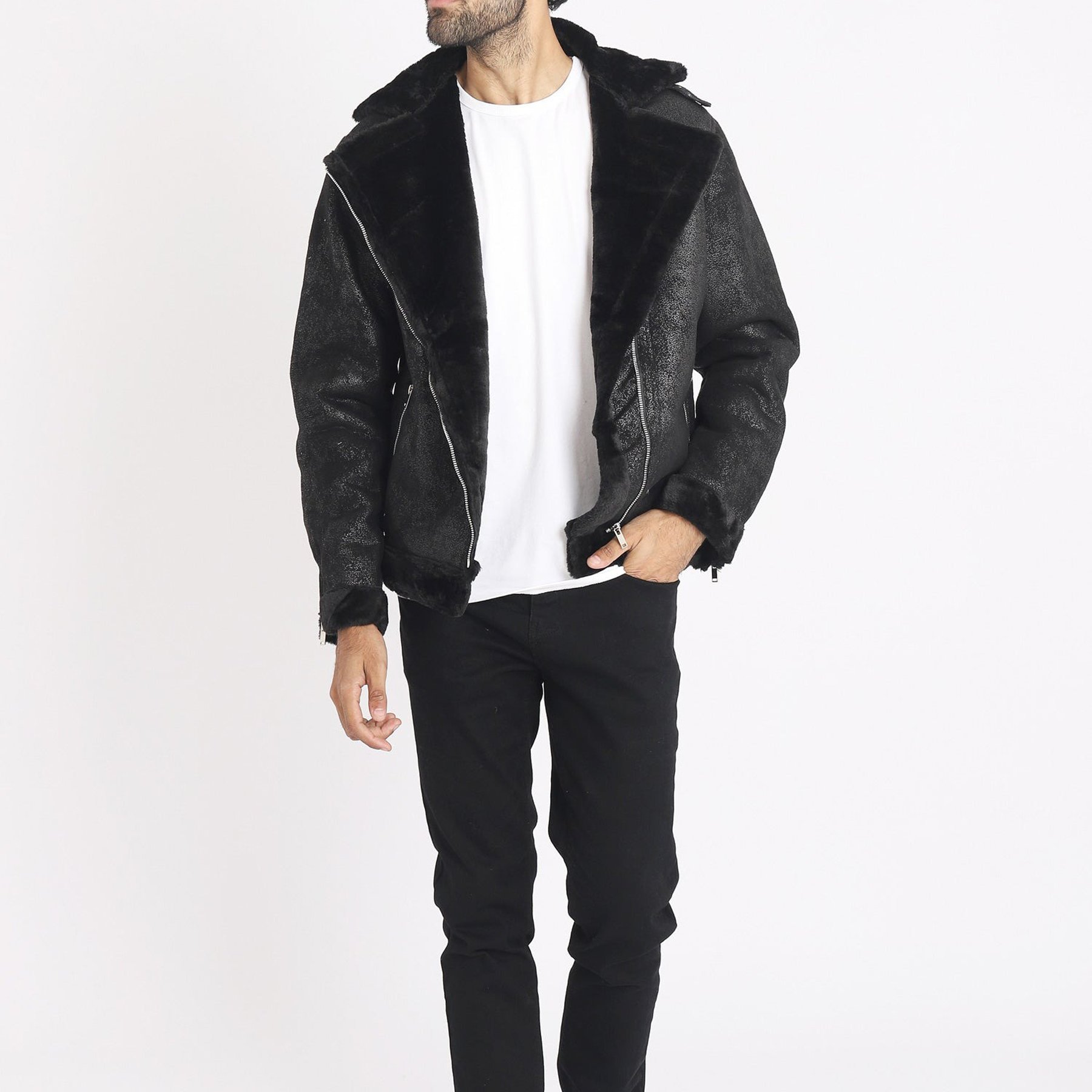 New Style Leather Jacket Long Sleeves Collar With Fur Black Color Leather Jacket For Men's Front Welt pockets Leather Jacket
