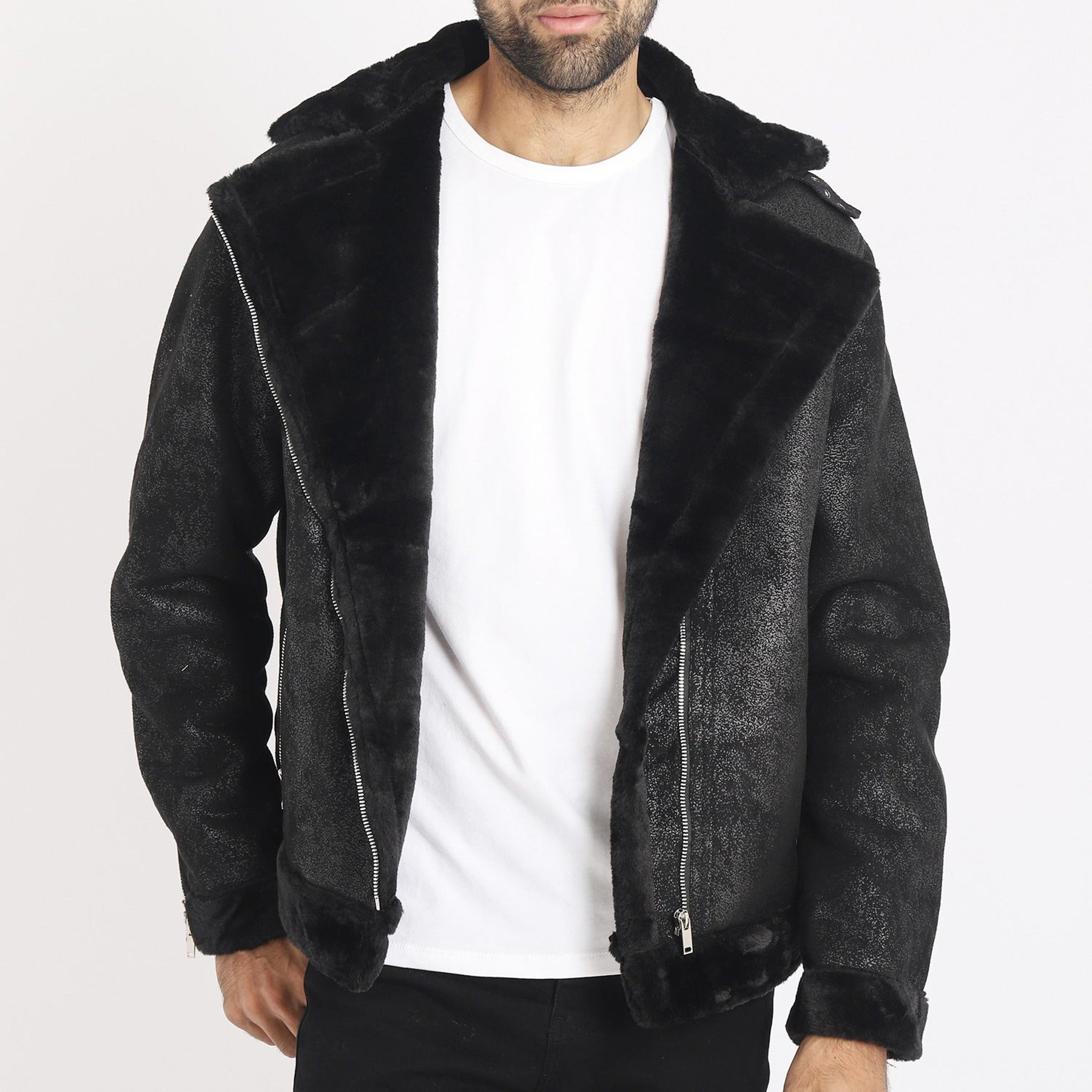 New Style Leather Jacket Long Sleeves Collar With Fur Black Color Leather Jacket For Men's Front Welt pockets Leather Jacket