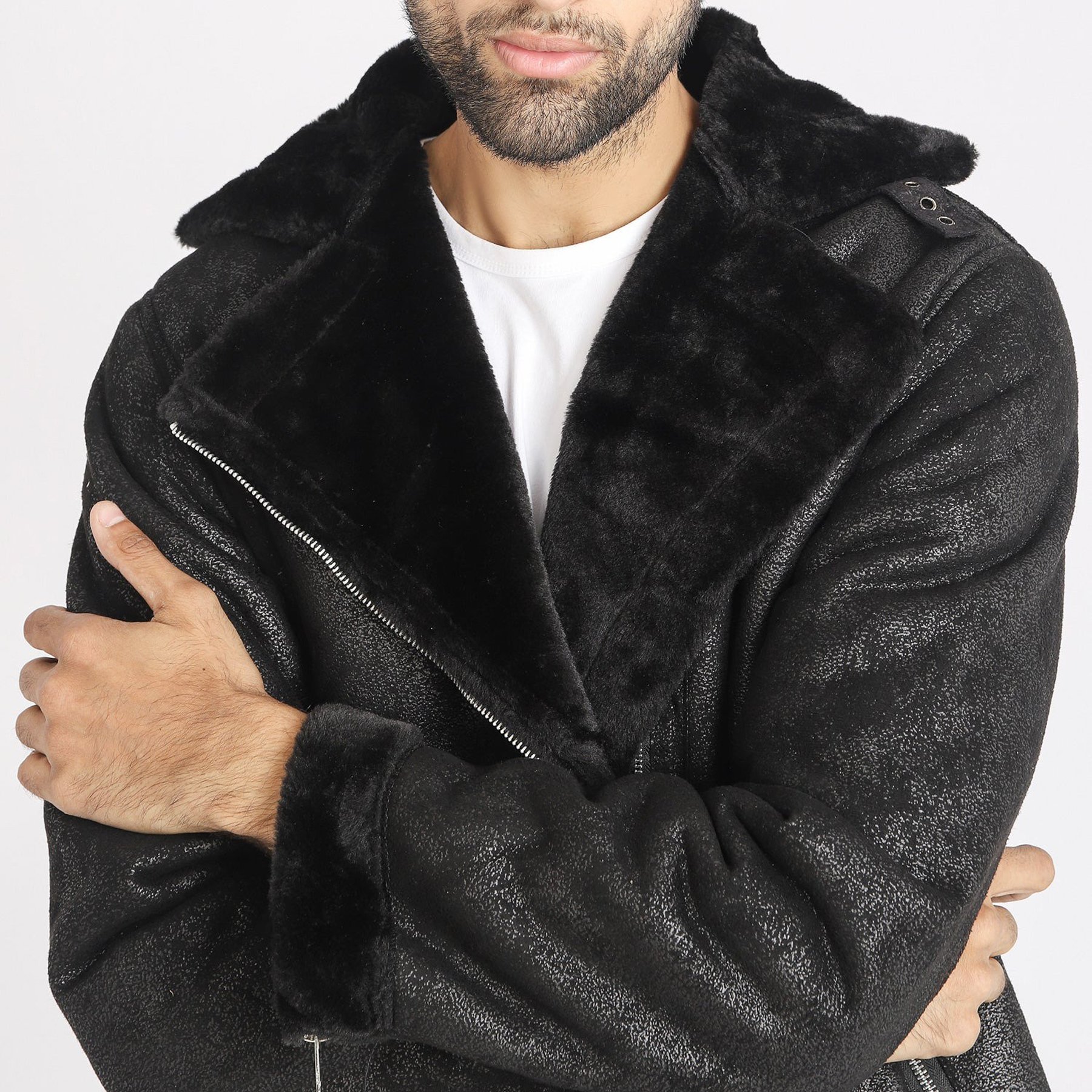 New Style Leather Jacket Long Sleeves Collar With Fur Black Color Leather Jacket For Men's Front Welt pockets Leather Jacket