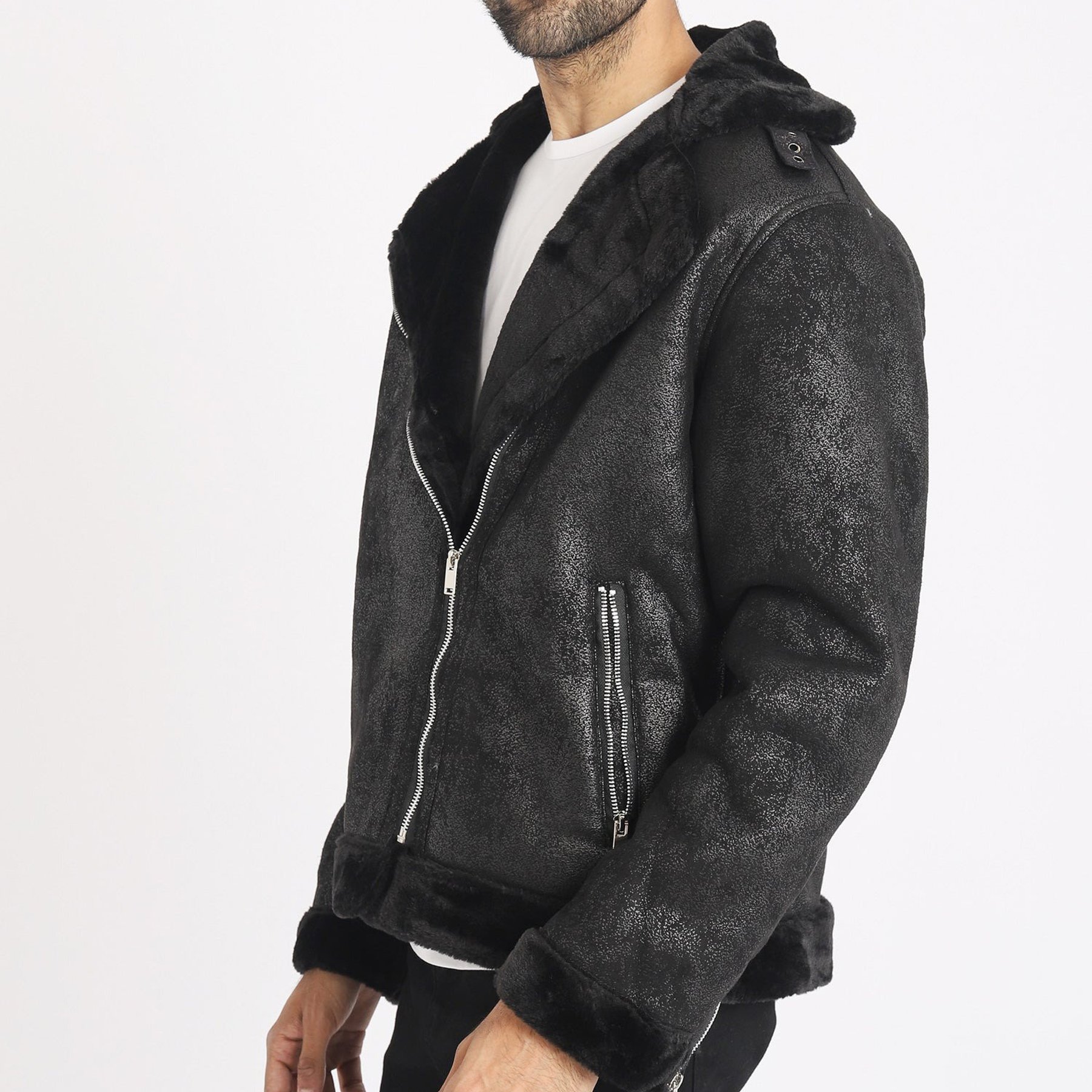New Style Leather Jacket Long Sleeves Collar With Fur Black Color Leather Jacket For Men's Front Welt pockets Leather Jacket