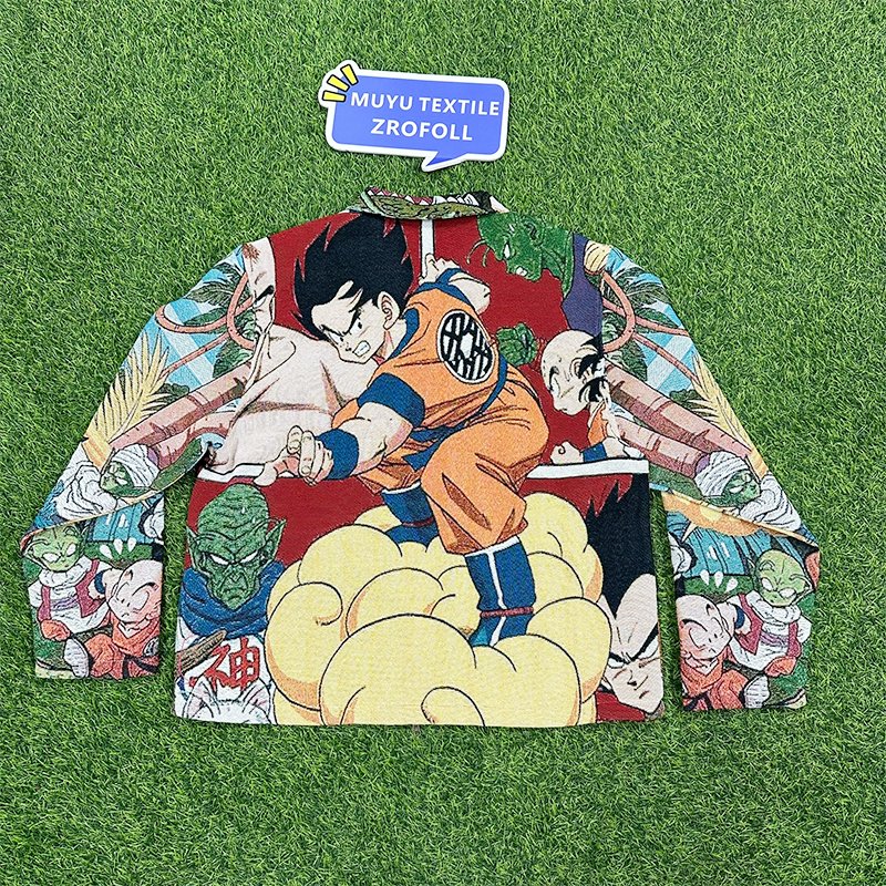 LOW MOQ Custom Pattern Zip-Up Men's Hip Hop Bomber Jacket with Dragon z Ball Tapestry Turn-Down Collar Design