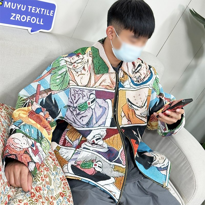 LOW MOQ Custom Pattern Zip-Up Men's Hip Hop Bomber Jacket with Dragon z Ball Tapestry Turn-Down Collar Design