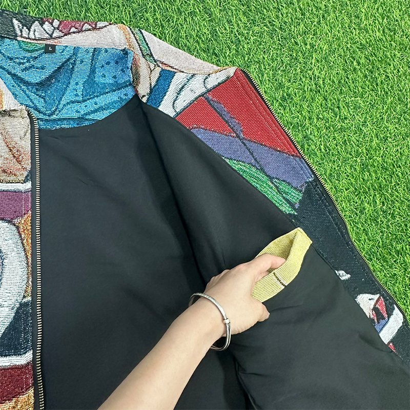 LOW MOQ Custom Pattern Zip-Up Men's Hip Hop Bomber Jacket with Dragon z Ball Tapestry Turn-Down Collar Design