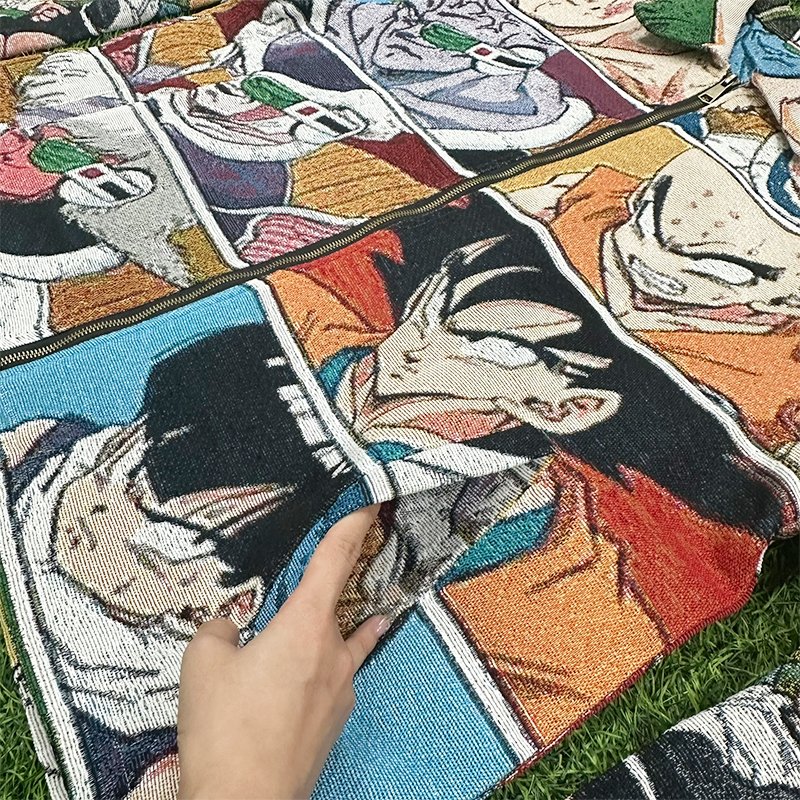 LOW MOQ Custom Pattern Zip-Up Men's Hip Hop Bomber Jacket with Dragon z Ball Tapestry Turn-Down Collar Design