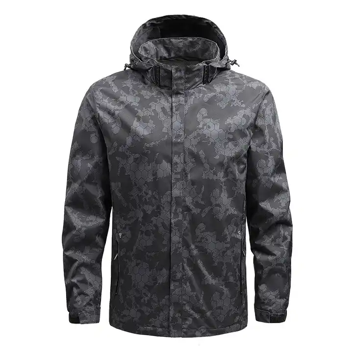 High Quality Men's Hooded Windbreaker Jacket Custom Logo Autumn Windproof Zipper Vintage Camo Pattern for Golf & Winter