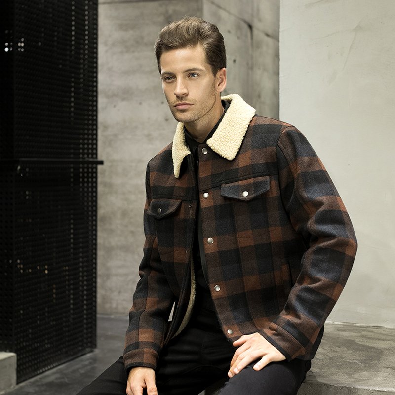 Hot sale men's red check turn-down collar pocket woolen jacket plus size male jacket winter slim fit jacket