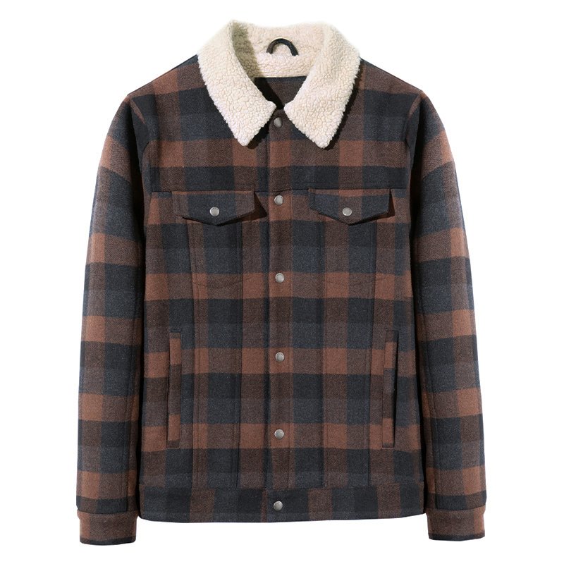 Hot sale men's red check turn-down collar pocket woolen jacket plus size male jacket winter slim fit jacket