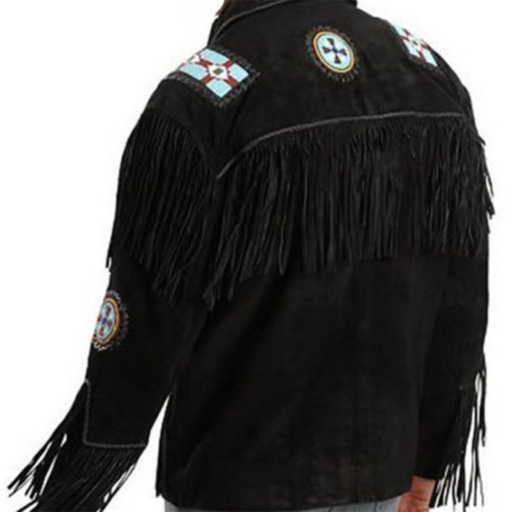 High Top Quality Fringed & Beaded Original Cow Suede Leather Western Style Men Black Eagle Cowboy Leather Jacket