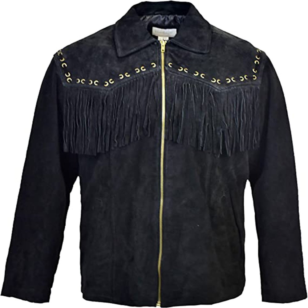 High Top Quality Fringed & Beaded Original Cow Suede Leather Western Style Men Black Eagle Cowboy Leather Jacket