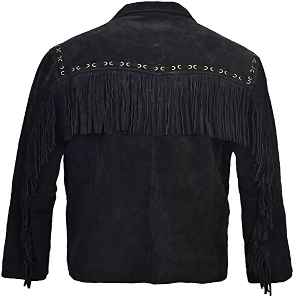 High Top Quality Fringed & Beaded Original Cow Suede Leather Western Style Men Black Eagle Cowboy Leather Jacket