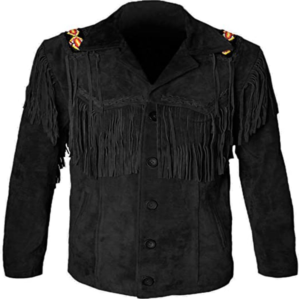 High Top Quality Fringed & Beaded Original Cow Suede Leather Western Style Men Black Eagle Cowboy Leather Jacket