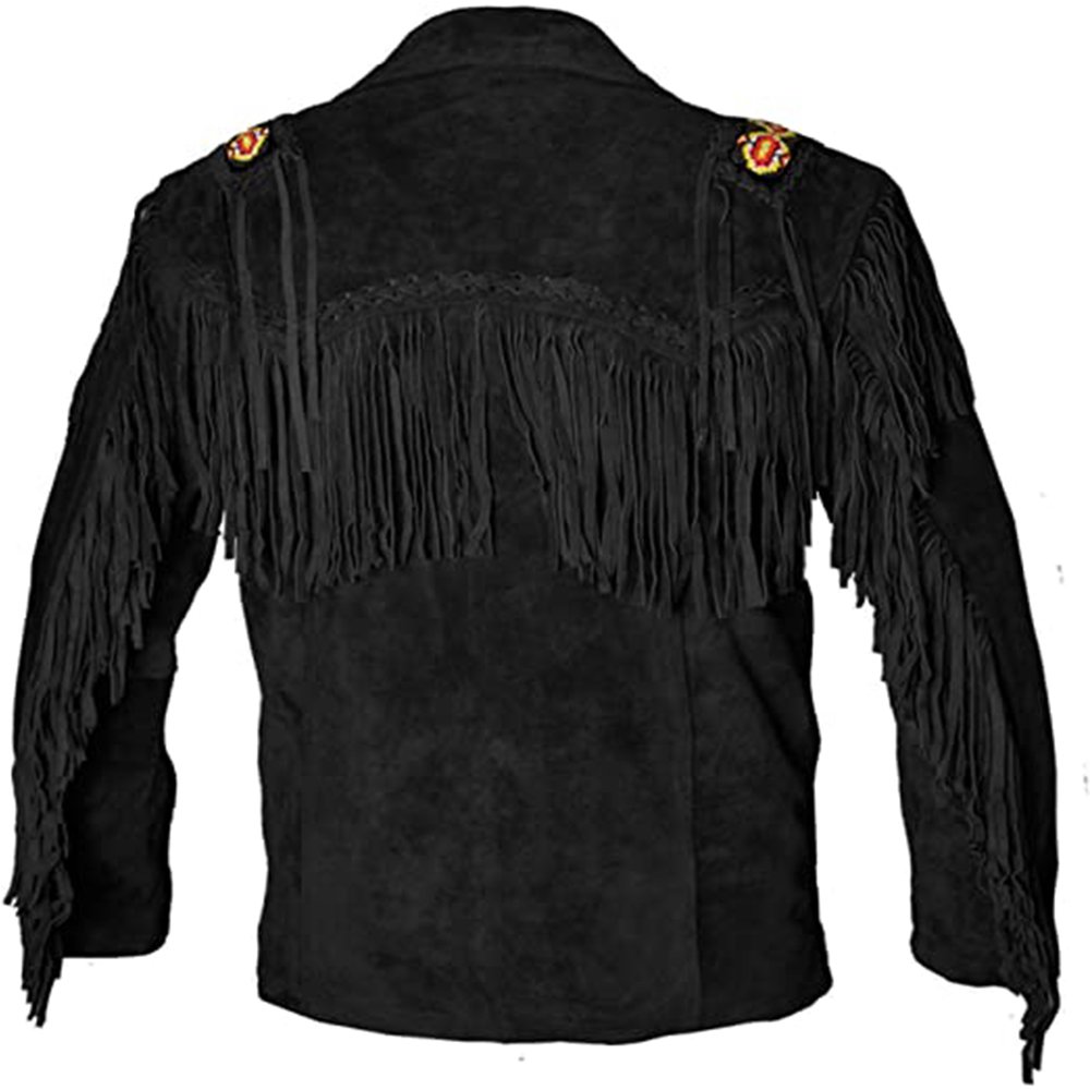 High Top Quality Fringed & Beaded Original Cow Suede Leather Western Style Men Black Eagle Cowboy Leather Jacket