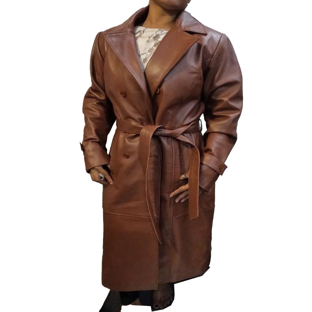 Made to measure womens Leather TRENCH Coat Dark TAN Double Breasted Leather Trench Coat jacket With Belt