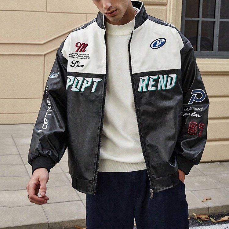 Customized logo text and pattern printed racing leather jacket for men