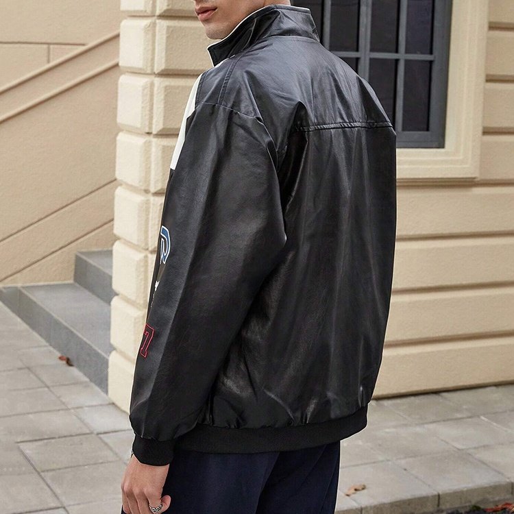 Customized logo text and pattern printed racing leather jacket for men