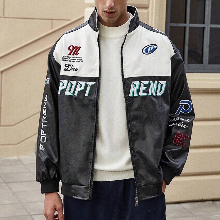 Customized logo text and pattern printed racing leather jacket for men