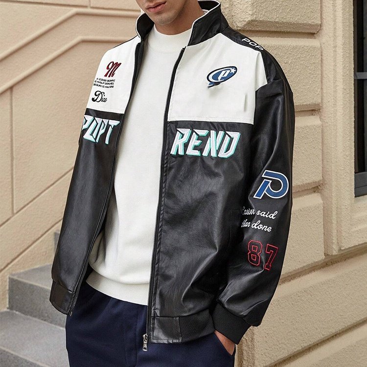 Customized logo text and pattern printed racing leather jacket for men
