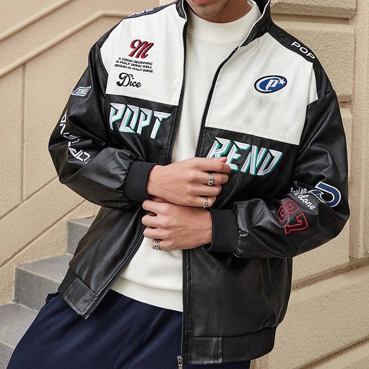 Customized logo text and pattern printed racing leather jacket for men