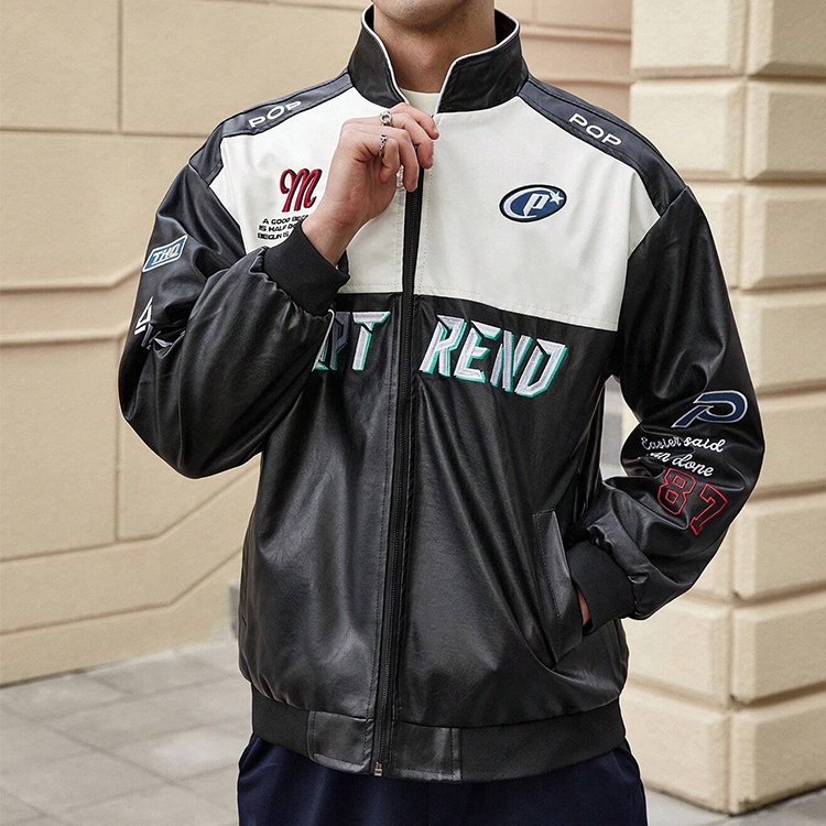Customized logo text and pattern printed racing leather jacket for men
