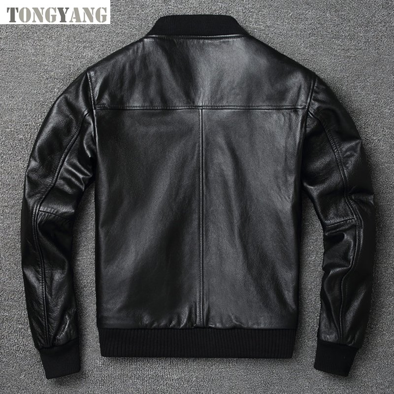 TONGYANG Black Genuine Leather Bomber Jacket Men Cowhide Real Leather Jacket Coat Short Slim sheepskin Jacket Leather Clothing