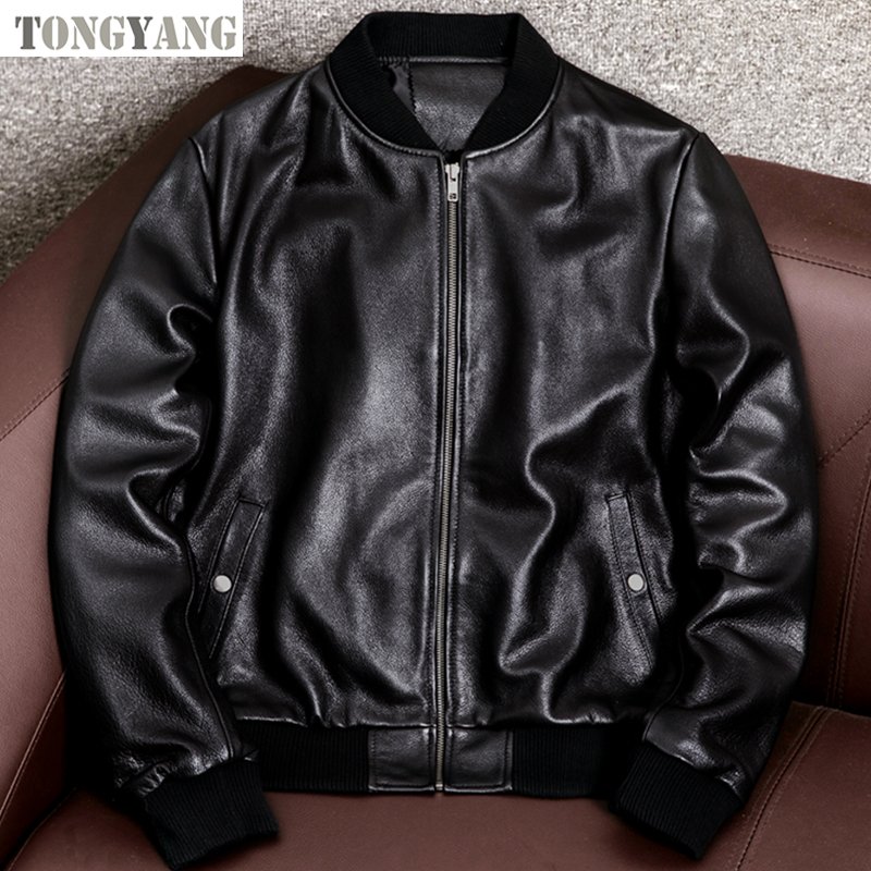 TONGYANG Black Genuine Leather Bomber Jacket Men Cowhide Real Leather Jacket Coat Short Slim sheepskin Jacket Leather Clothing