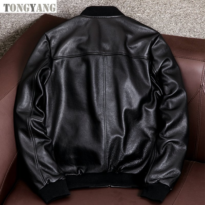 TONGYANG Black Genuine Leather Bomber Jacket Men Cowhide Real Leather Jacket Coat Short Slim sheepskin Jacket Leather Clothing