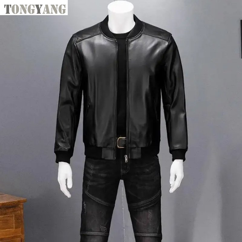 TONGYANG Black Genuine Leather Bomber Jacket Men Cowhide Real Leather Jacket Coat Short Slim sheepskin Jacket Leather Clothing