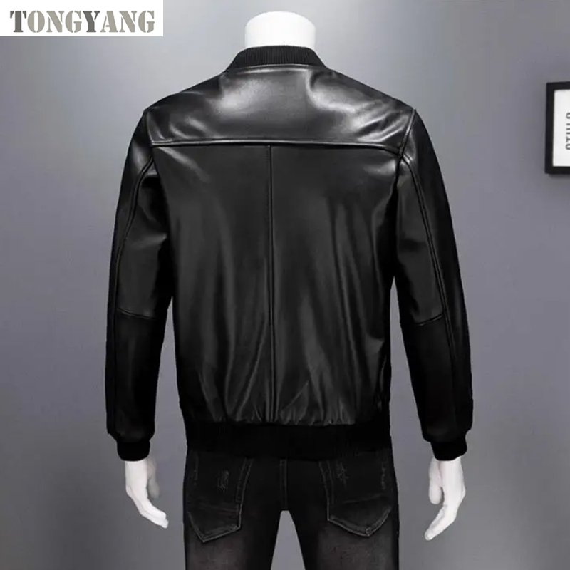 TONGYANG Black Genuine Leather Bomber Jacket Men Cowhide Real Leather Jacket Coat Short Slim sheepskin Jacket Leather Clothing