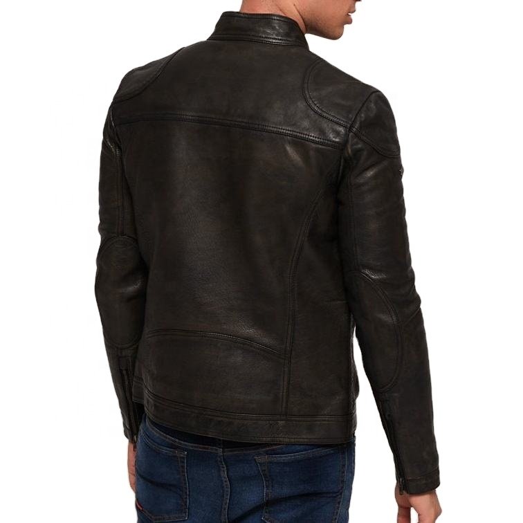 Real Leather Sheepskin Aniline Zipper Lavendard Brown Men Biker Jacket with Quilted Viscose Lining and Inside Outside Pockets