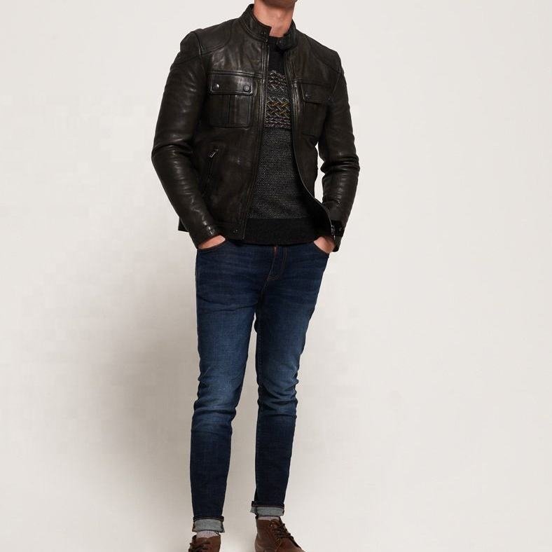 Real Leather Sheepskin Aniline Zipper Lavendard Brown Men Biker Jacket with Quilted Viscose Lining and Inside Outside Pockets
