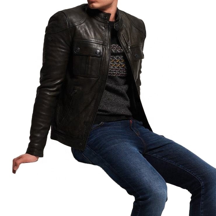 Real Leather Sheepskin Aniline Zipper Lavendard Brown Men Biker Jacket with Quilted Viscose Lining and Inside Outside Pockets