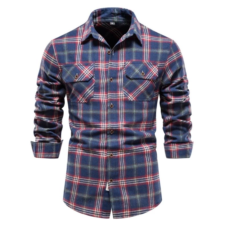 New Business Autumn Men's Pocket Customized Shirt Trendy Plaid Long Sleeve Lapel Shirt Men's jacket