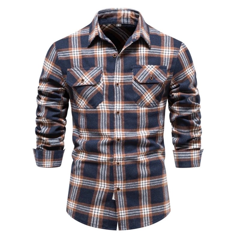 New Business Autumn Men's Pocket Customized Shirt Trendy Plaid Long Sleeve Lapel Shirt Men's jacket