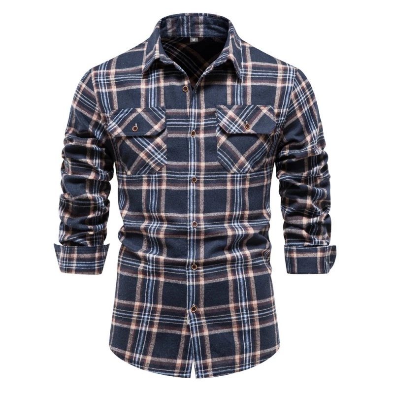 New Business Autumn Men's Pocket Customized Shirt Trendy Plaid Long Sleeve Lapel Shirt Men's jacket