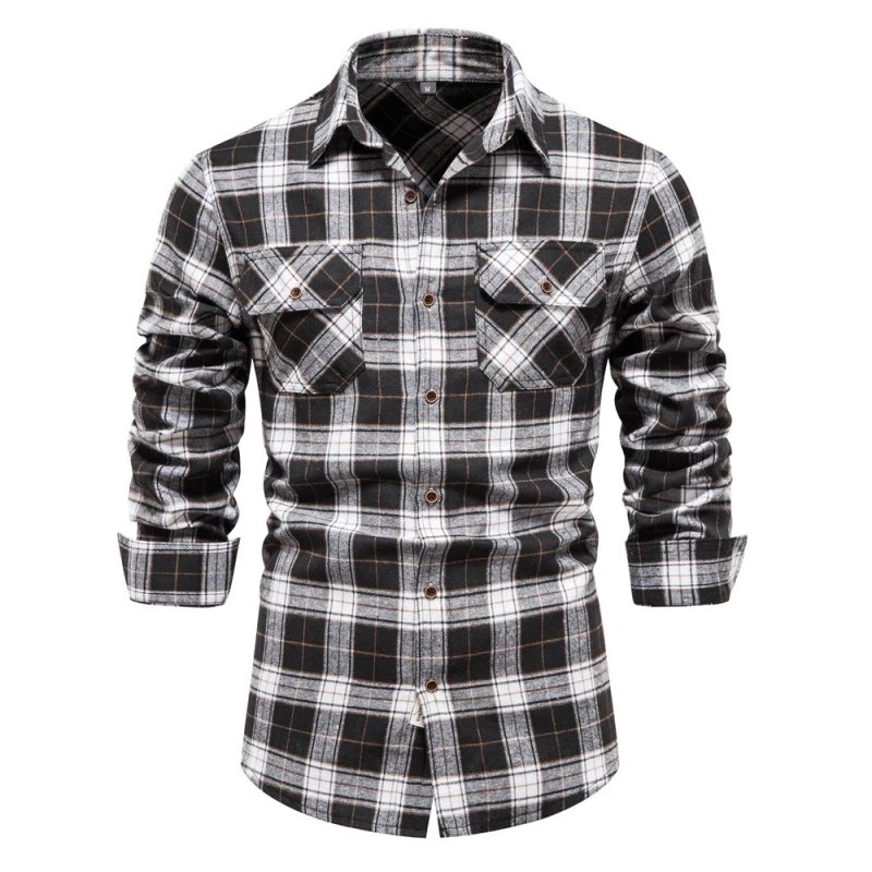 New Business Autumn Men's Pocket Customized Shirt Trendy Plaid Long Sleeve Lapel Shirt Men's jacket