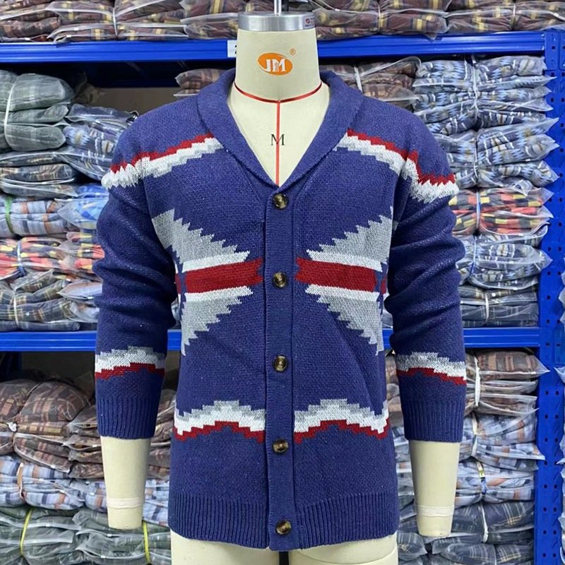 High quality 2024 winter navy blue aztec jacquard long sleeve sweater cardigan jackets for men