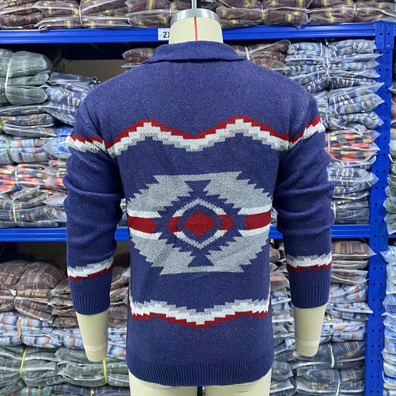 High quality 2024 winter navy blue aztec jacquard long sleeve sweater cardigan jackets for men