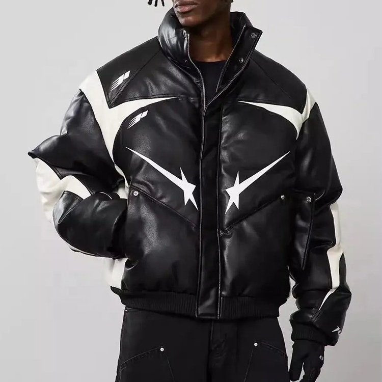 Winter oversized zippered padded star leather jacket with black